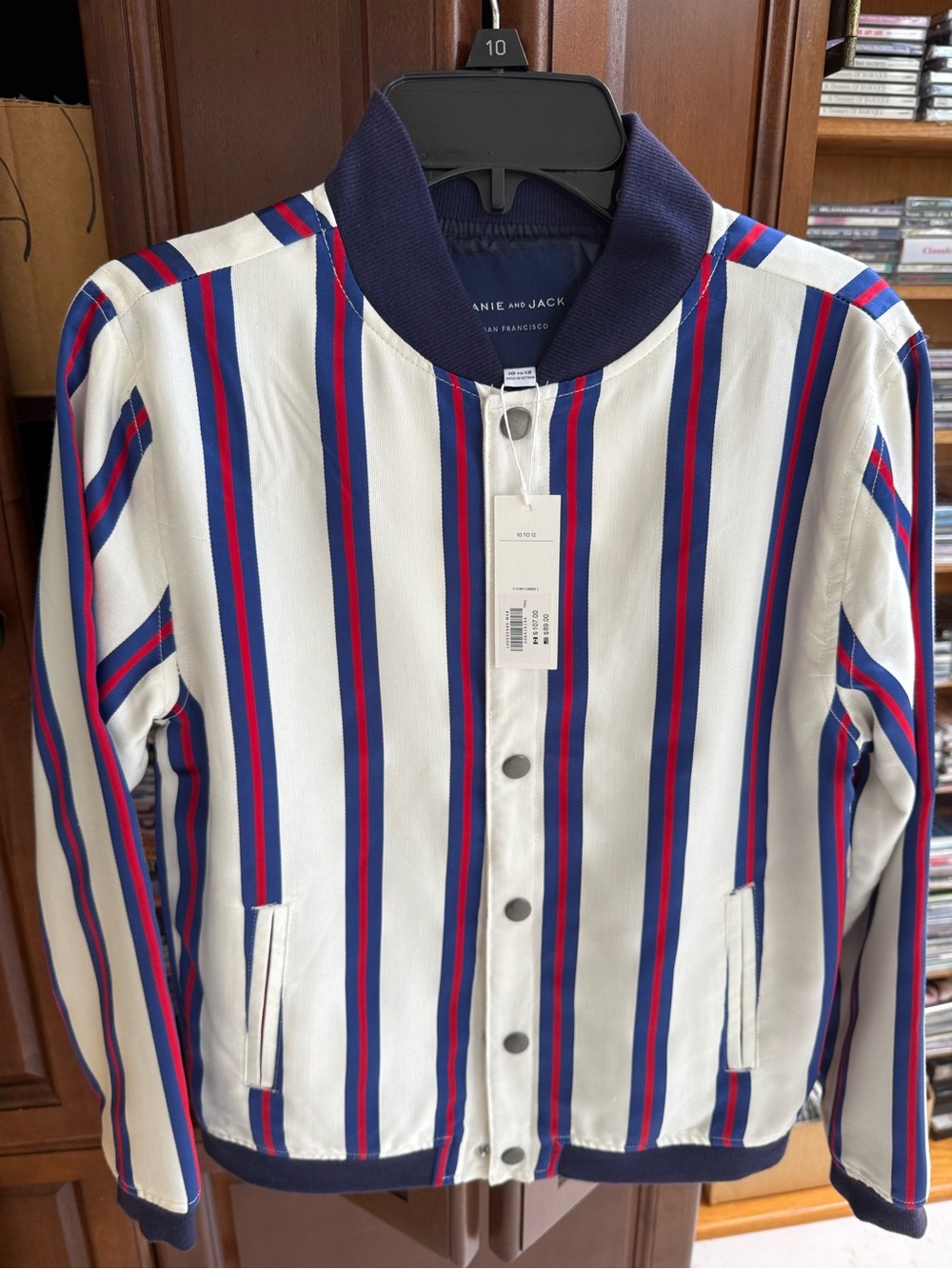 Janie and Jack White Bomber Jacket with Blue & Red Stripes
